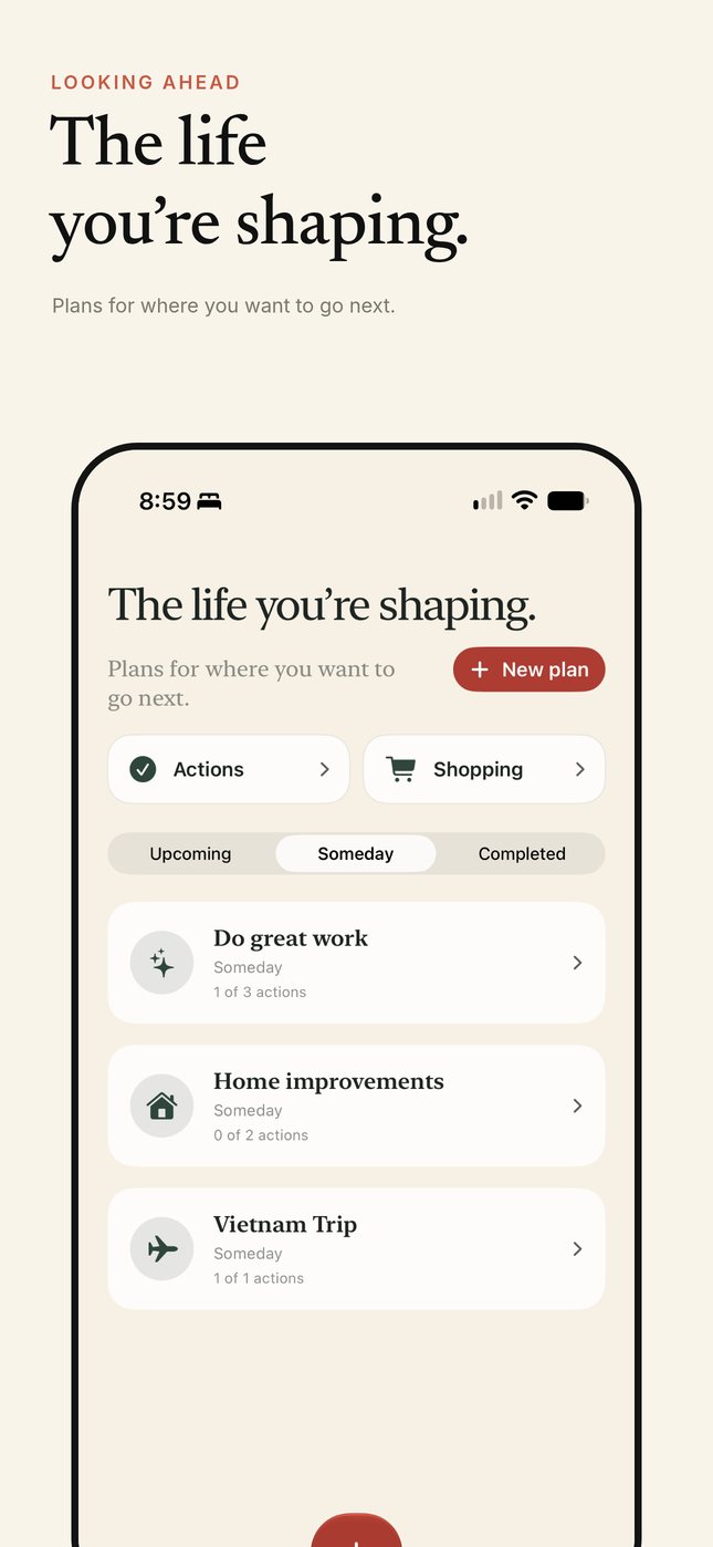 Lifeweft Future screen reading The life you’re shaping, with Actions, Shopping and a Someday list of plans