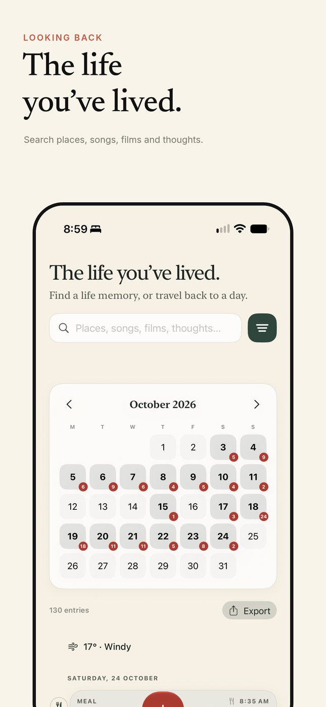 Lifeweft Past screen reading The life you’ve lived, with a calendar and remembered entries