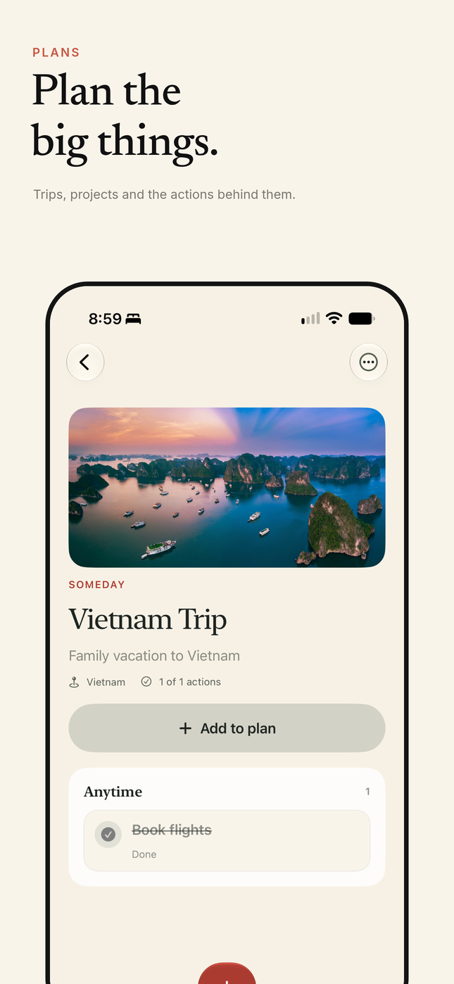Lifeweft plan screen for a Vietnam trip with a booking added to the plan