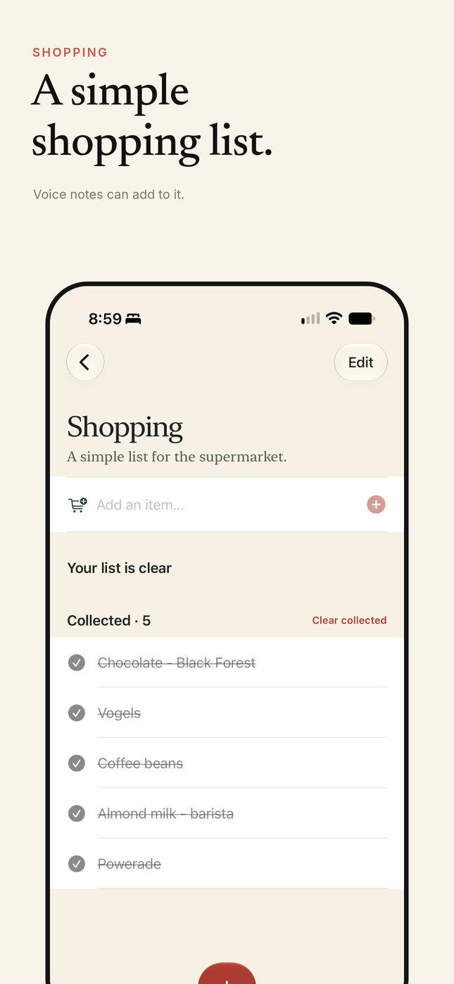 Lifeweft Shopping screen reading A simple shopping list, with collected items ticked off