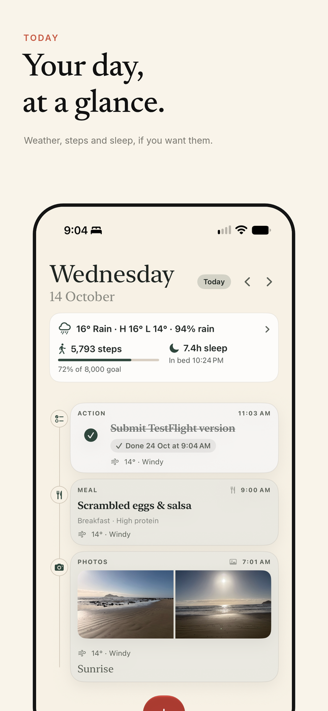 Lifeweft Today screen reading Your day, at a glance, with weather, steps and sleep above the day’s timeline